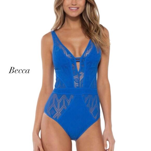 Becca Color Play Blue Show & Tell Plunge Neck One-Piece Swimsuit NWOT Size L - Picture 1 of 10
